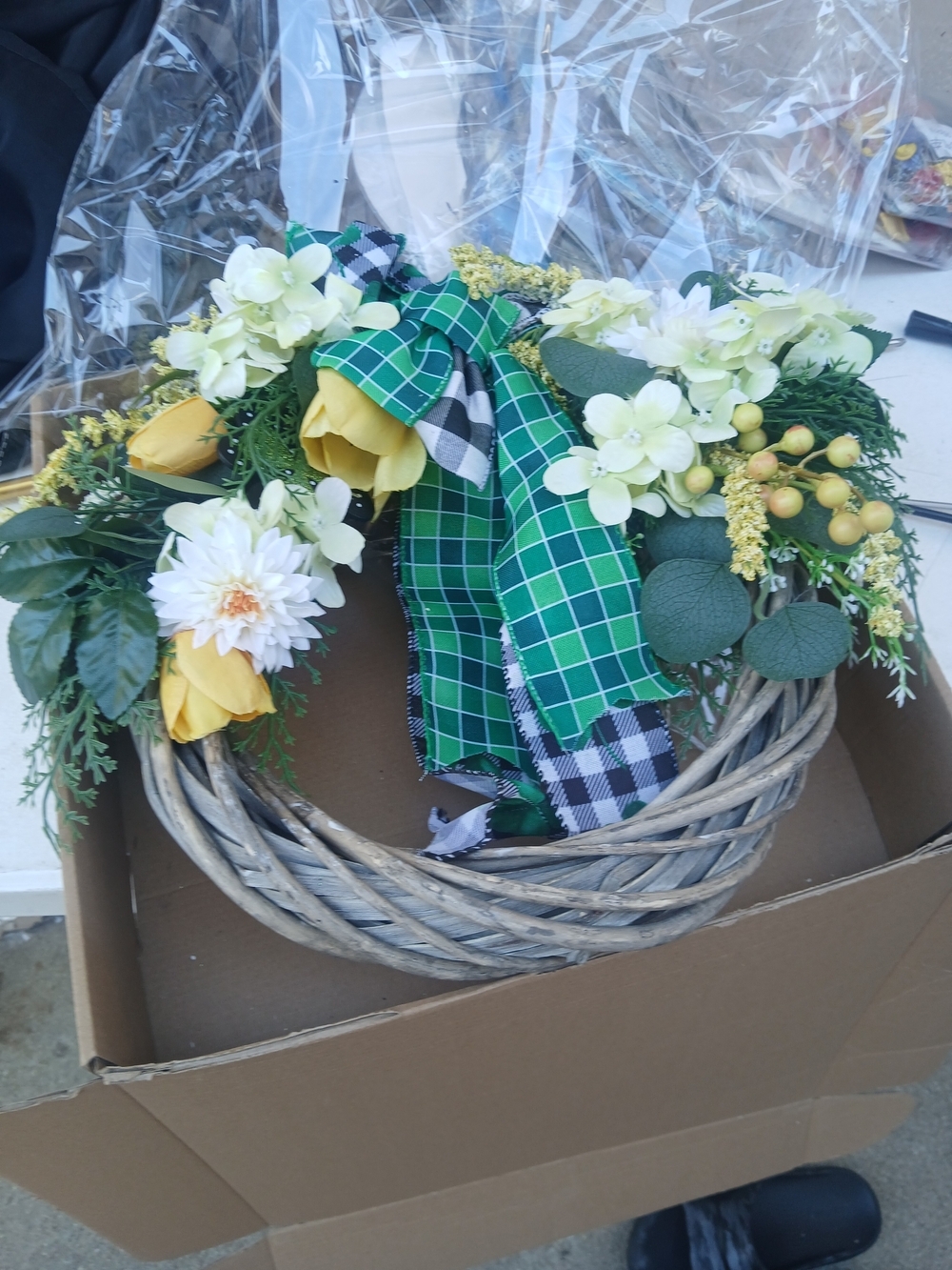 St. Patrick's Day Spring Wreath with Green Plaid Bow & Yellow Accents - Picture 8 of 8